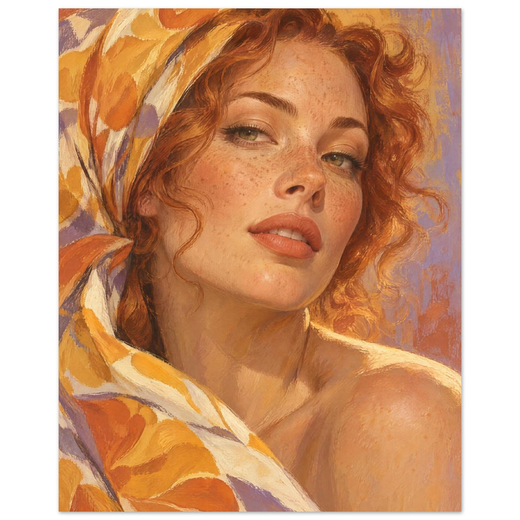 Marigold Close-Up portrays a freckled woman with auburn curls framed by a silk scarf patterned with large mustard petals.