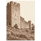 Crenellated stone tower and long fortress wall above rocky grassland, rendered in sepia brown against a cream sky.