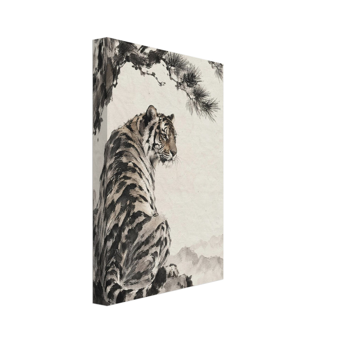 Tiger seated on a rocky ledge beneath a magpie on a pine branch, with pale mountains against a warm cream background.