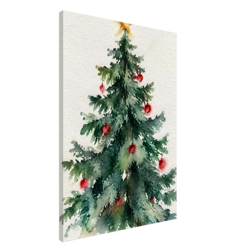 Watercolour Christmas tree with green branches, red baubles and a golden star on a textured cream background.