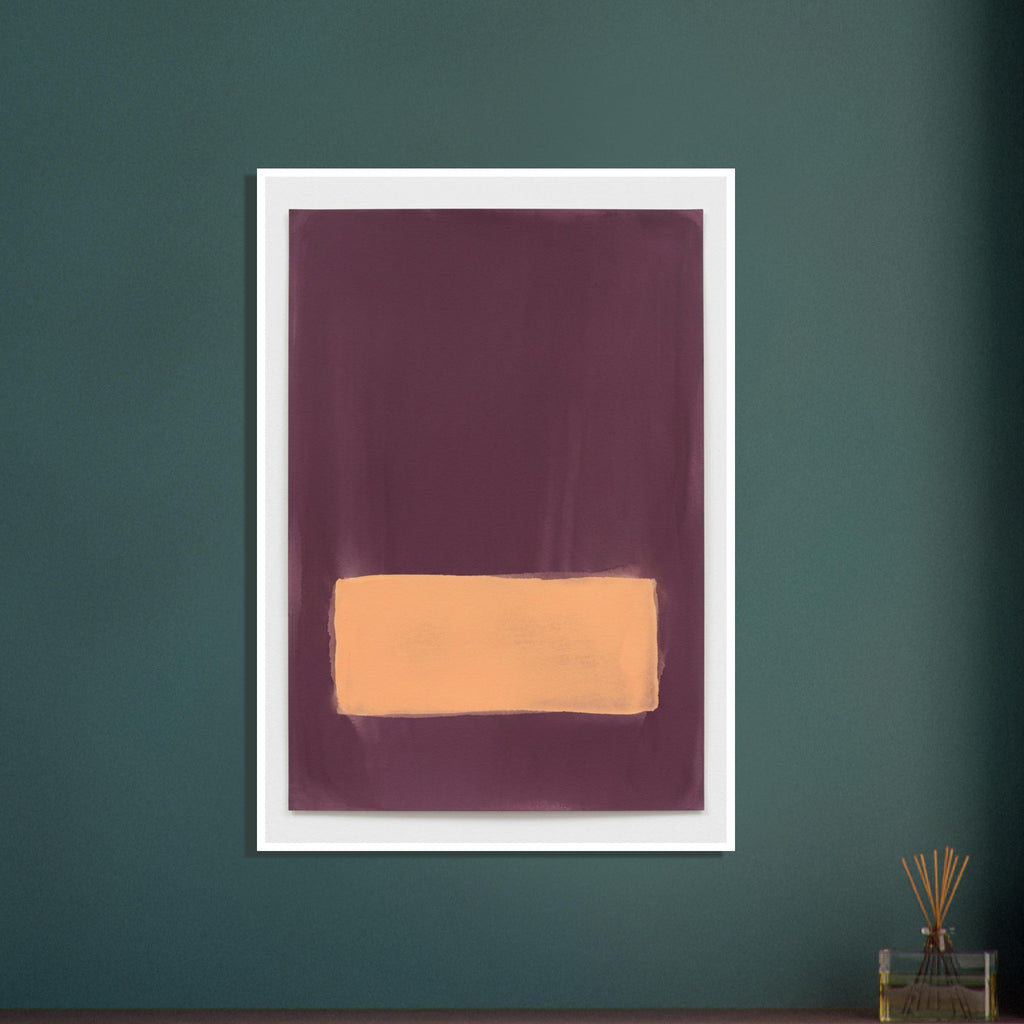 Peach horizontal rectangle with soft, uneven edges set low on a deep plum background with subtle painted texture.