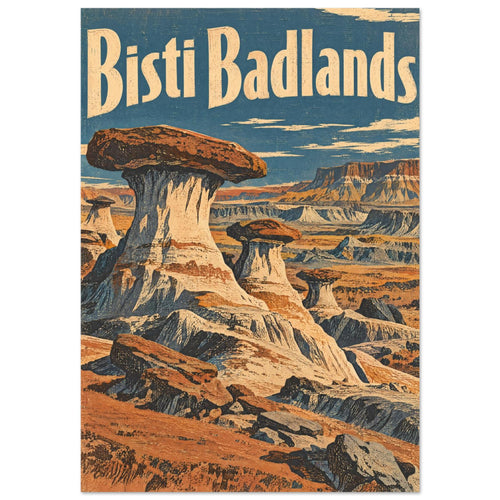 Bisti Badlands lettering above illustrated desert rock pillars and layered ridges in rusty orange, cream and teal.