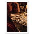 Oysters on ice with lemon wedges, sparkling wine and a glowing lamp beside a cropped figure in a burgundy dress.