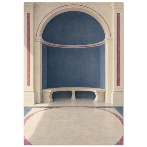 Blue arched alcove with a curved cream stone bench, classical columns and rose-coloured borders across the floor.