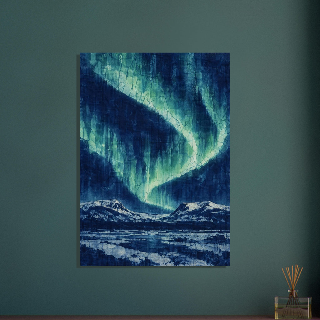 Green northern lights sweep across a deep blue sky above snowy mountains and an icy foreground, with crackled textures.