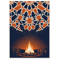 People gathered around a glowing bonfire beneath a canopy of orange geometric stars with cream outlines on navy.