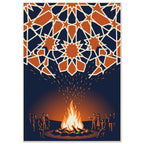 People gathered around a glowing bonfire beneath a canopy of orange geometric stars with cream outlines on navy.