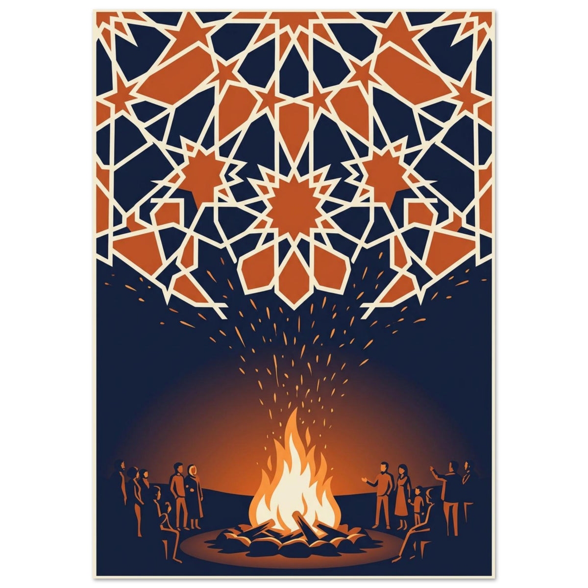 People gathered around a glowing bonfire beneath a canopy of orange geometric stars with cream outlines on navy.