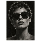Behind the Sunglasses, a tightly cropped frontal face wearing large geometric sunglasses, with rim-lit short hair against bla