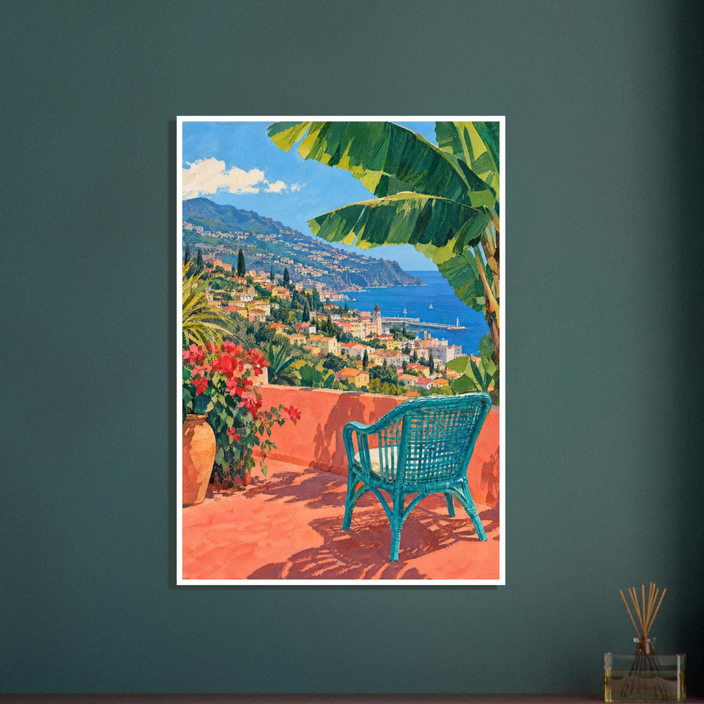 Turquoise woven chair on a coral terrace beneath large green leaves, overlooking a hillside town and blue sea.