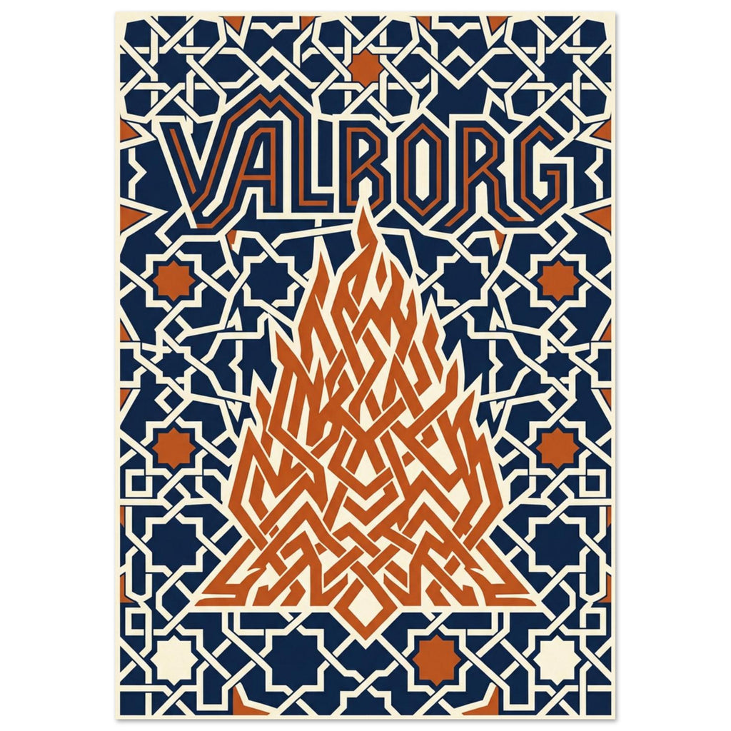 Angular orange bonfire beneath VALBORG lettering, surrounded by cream geometric lines and star shapes on navy.