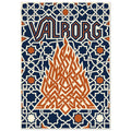 Angular orange bonfire beneath VALBORG lettering, surrounded by cream geometric lines and star shapes on navy.