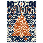 Angular orange bonfire beneath VALBORG lettering, surrounded by cream geometric lines and star shapes on navy.