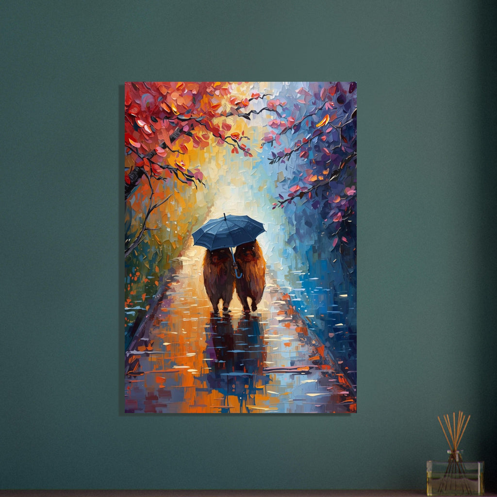 Two capybaras beneath a blue umbrella on a reflective wet path, framed by red and orange leaves in a painterly scene.