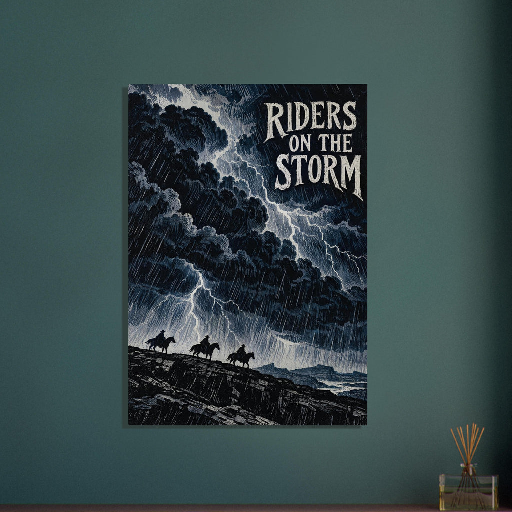 Three horseback riders beneath dark blue storm clouds, rain and lightning, with large 'Riders on the Storm' lettering.