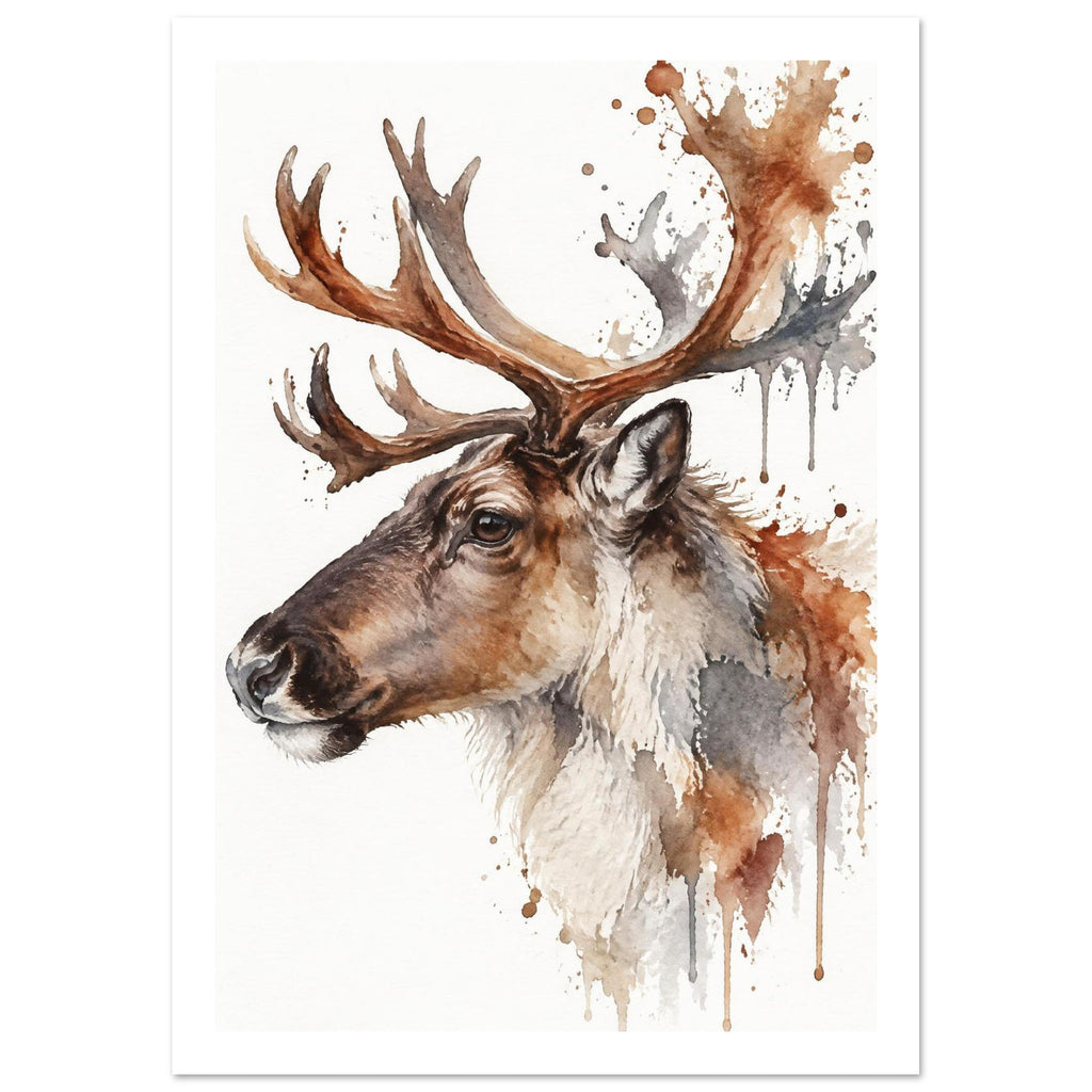 Reindeer facing left with large branching antlers, painted in brown and grey watercolour with splashes on white.