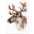 Reindeer facing left with large branching antlers, painted in brown and grey watercolour with splashes on white.