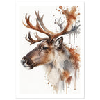 Reindeer facing left with large branching antlers, painted in brown and grey watercolour with splashes on white.