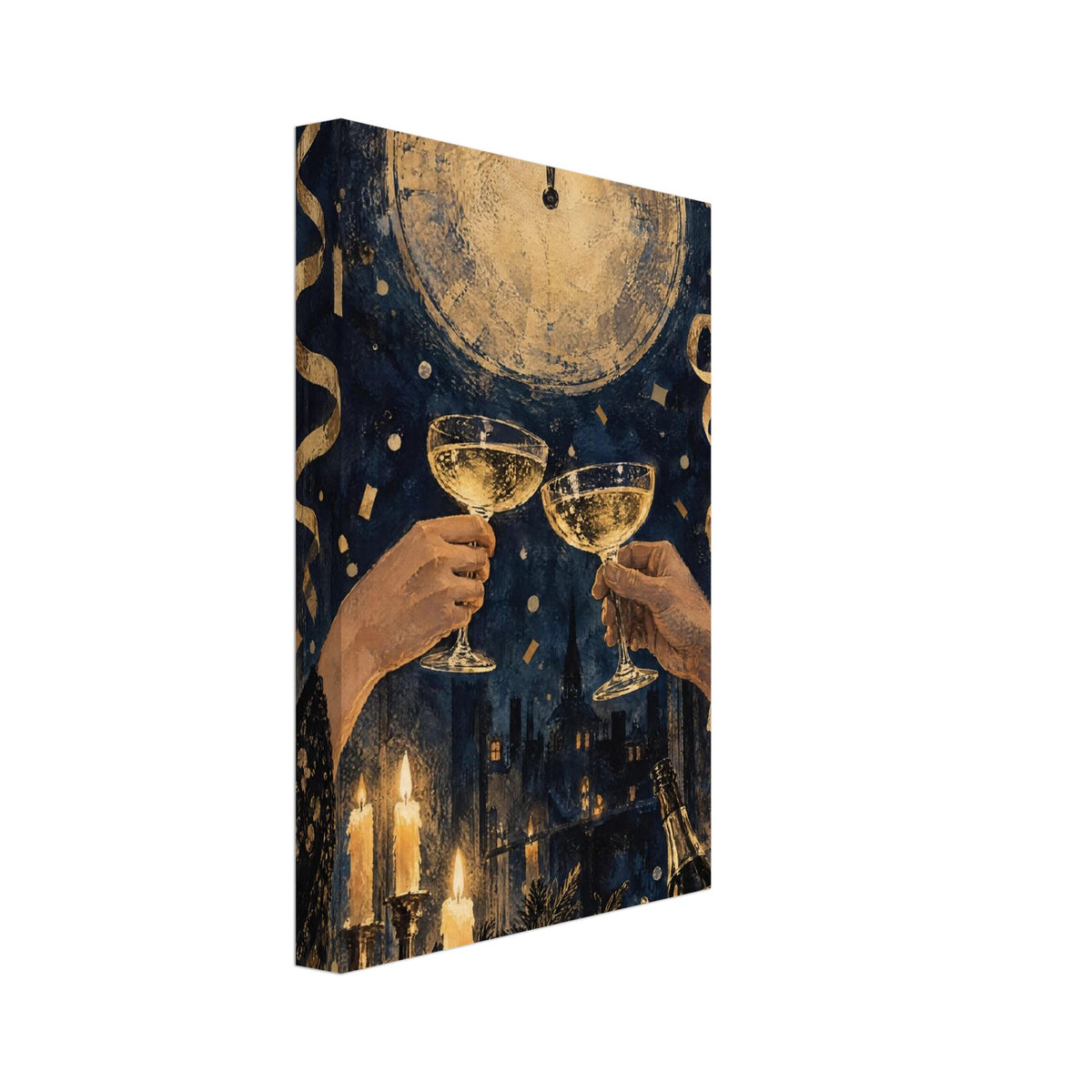 Two hands raising champagne coupes beneath a gold clock, with streamers, candles and a bottle against a dark navy skyline.