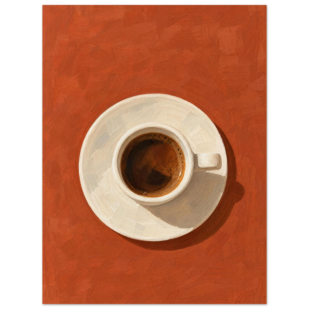 Espresso in a cream cup and saucer, viewed from above on a textured terracotta background with a dark cast shadow.