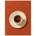 Espresso in a cream cup and saucer, viewed from above on a textured terracotta background with a dark cast shadow.