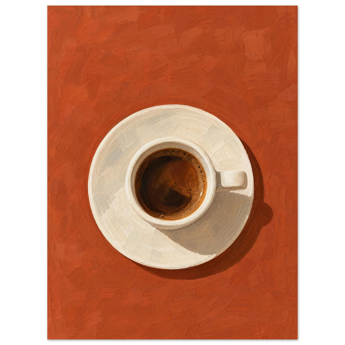 Espresso in a cream cup and saucer, viewed from above on a textured terracotta background with a dark cast shadow.