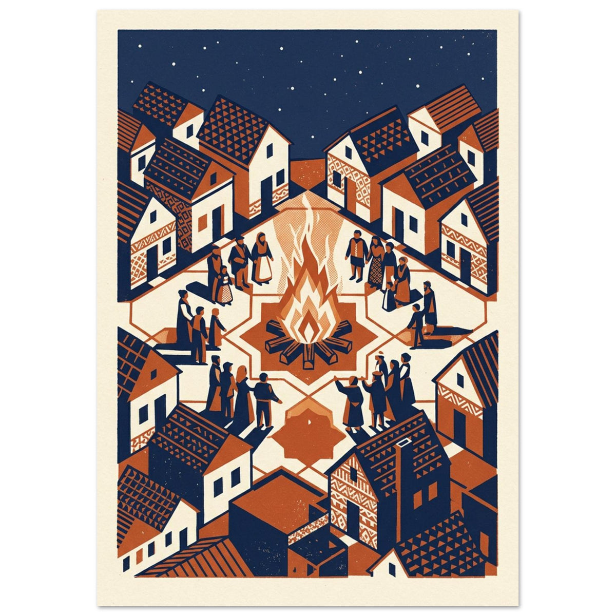 Village Bonfire Gathering Folk Art Print