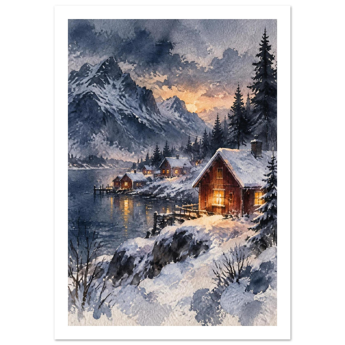 Snow-covered timber cabins with glowing windows beside a lake, backed by mountains and evergreen trees in watercolour.