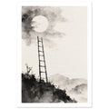 Dark ladder rising from a rocky ledge towards a pale moon, with grey washes and distant mountains on a cream background.