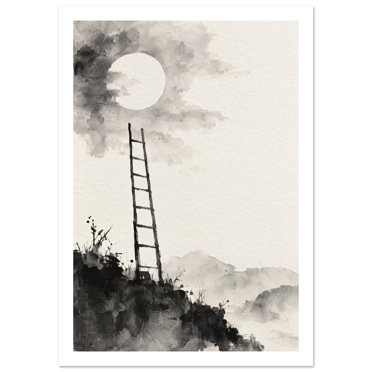 Dark ladder rising from a rocky ledge towards a pale moon, with grey washes and distant mountains on a cream background.