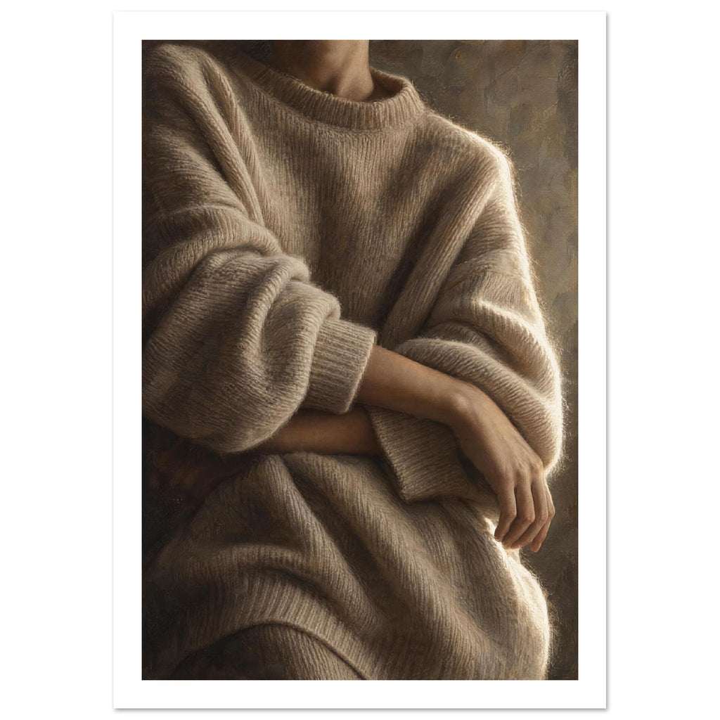 Cashmere and Quiet, a close crop of crossed forearms over a voluminous cream jumper, with warm taupe shadows and a softly lit