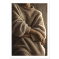 Cashmere and Quiet, a close crop of crossed forearms over a voluminous cream jumper, with warm taupe shadows and a softly lit