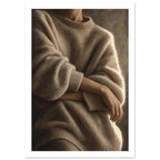 Cashmere and Quiet, a close crop of crossed forearms over a voluminous cream jumper, with warm taupe shadows and a softly lit