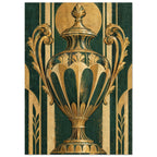 Ornate green and gold lidded urn with curling leaf handles against a distressed geometric background.