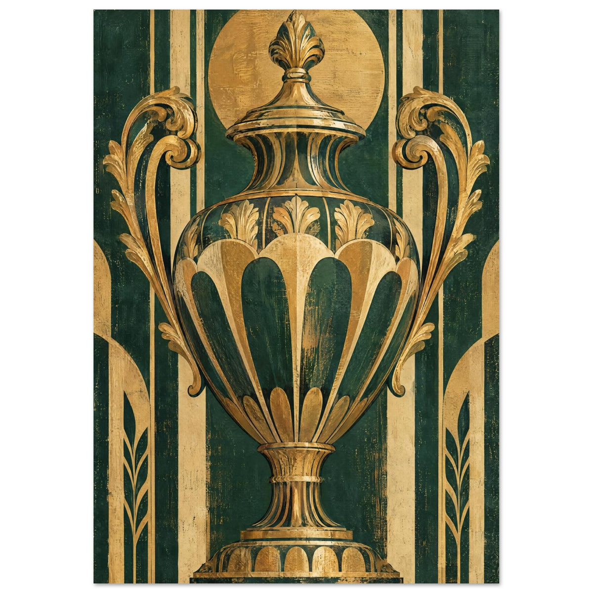 Ornate green and gold lidded urn with curling leaf handles against a distressed geometric background.