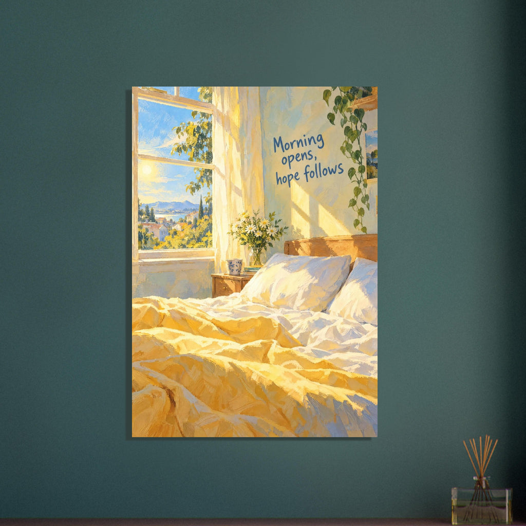 Sunlit bedroom with yellow bedding, daisies and trailing greenery beneath the words ‘Morning opens, hope follows’.