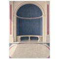 Blue arched alcove with a curved cream stone bench, classical columns and rose-coloured borders across the floor.