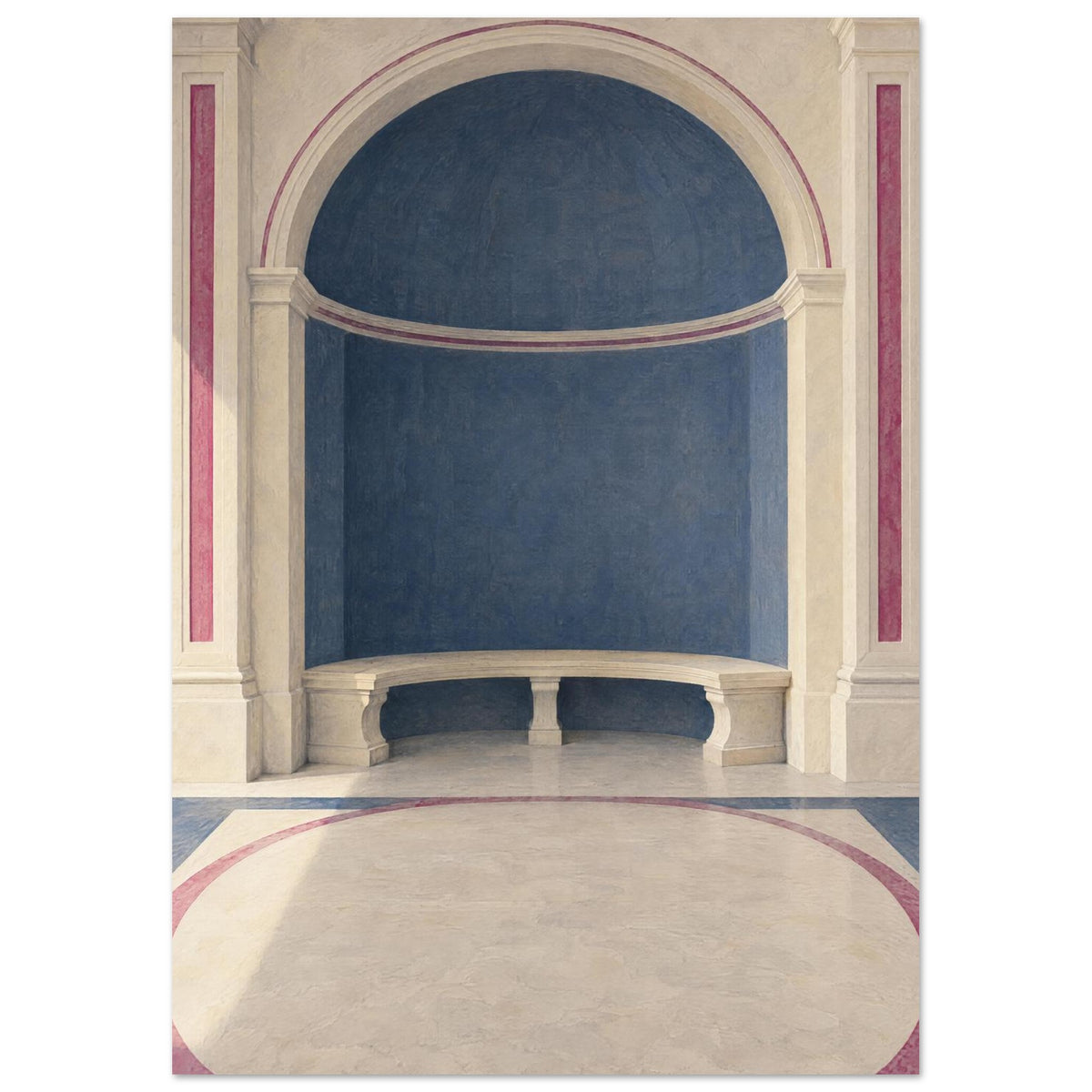 Blue arched alcove with a curved cream stone bench, classical columns and rose-coloured borders across the floor.