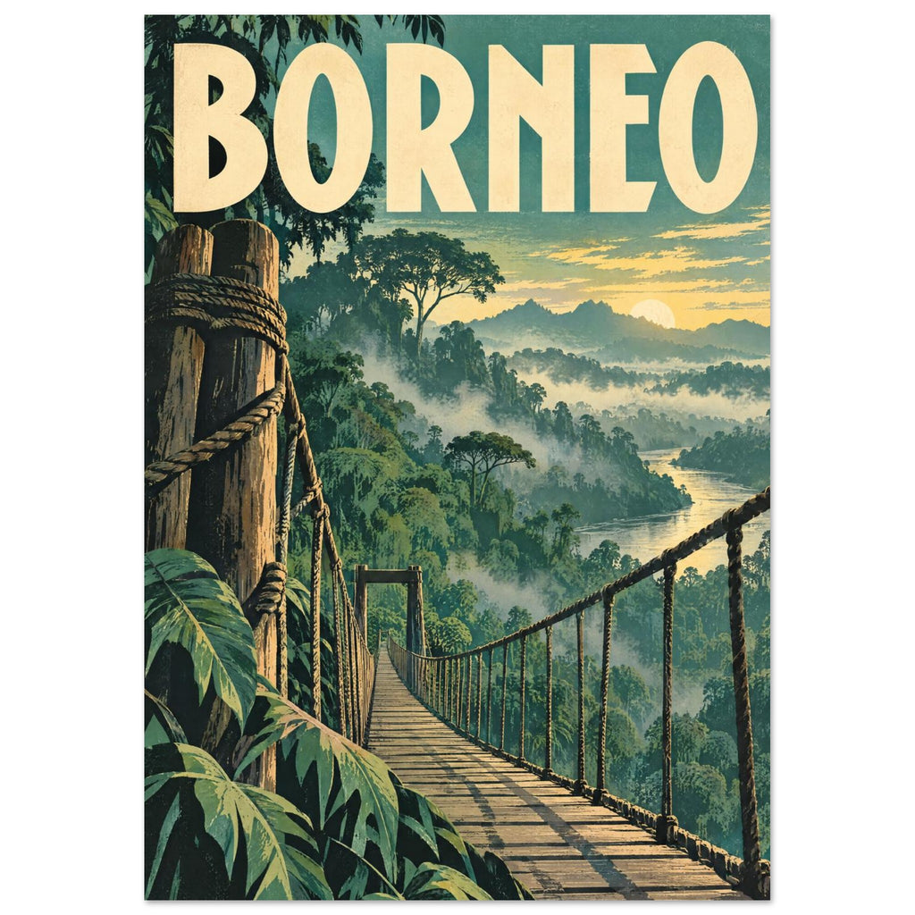 Borneo travel poster with a rope suspension bridge above misty rainforest, a winding river, distant mountains and a low sun.