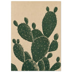 Prickly pear cactus with overlapping dark green oval pads, fine pale markings and spines against a textured beige background.