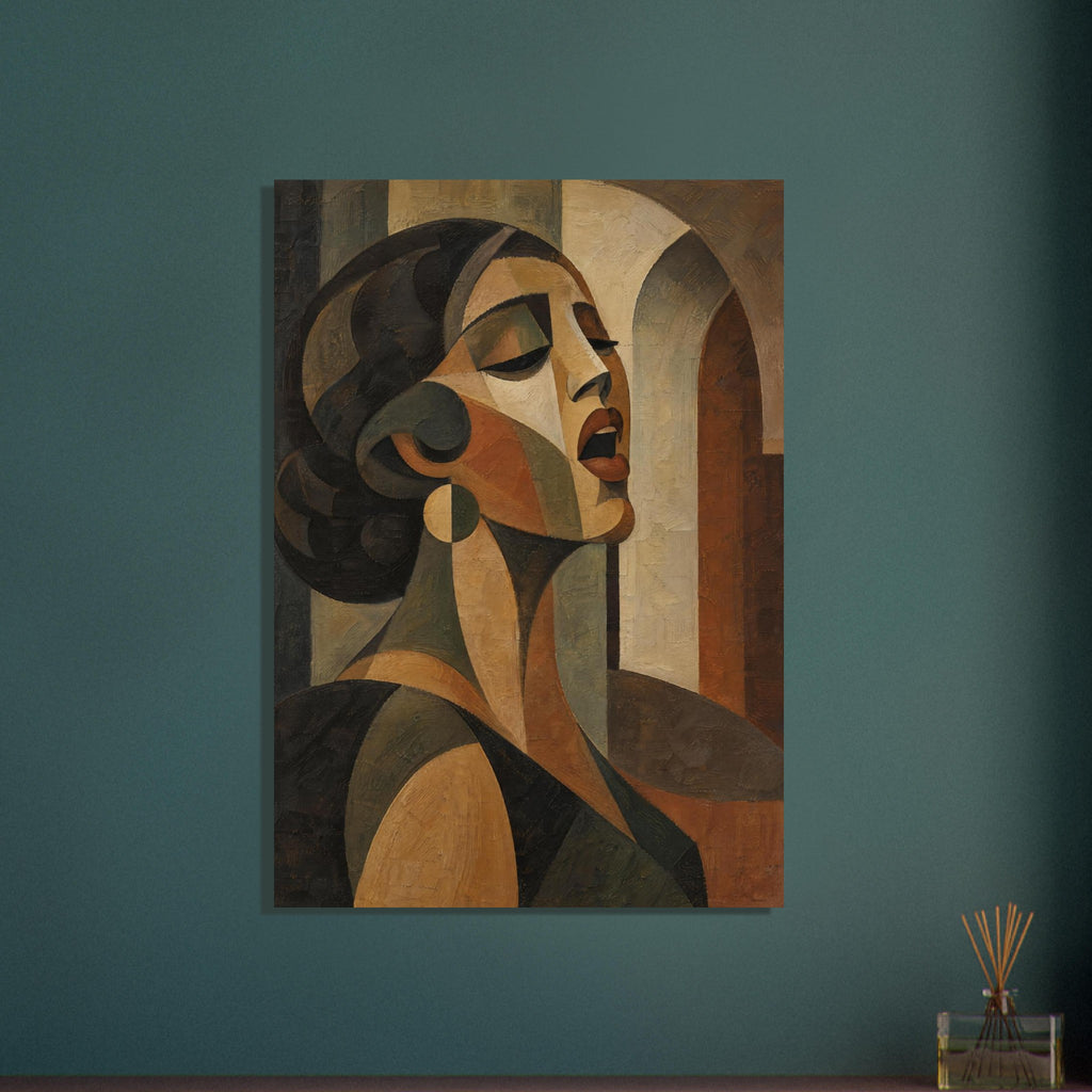 Cubist portrait of a woman with closed eyes and parted lips, in ochre, brown and muted olive, against arches.