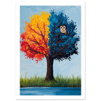 Tree with red, orange and yellow foliage on the left, blue foliage and a perched owl on the right, against pale blue.