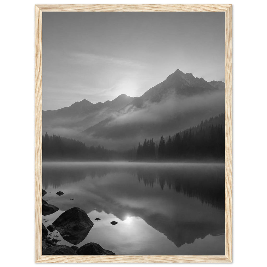 Mountain peaks and conifer forests reflected in a misty lake, with rocks in the foreground, in black and white.