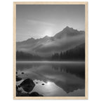 Mountain peaks and conifer forests reflected in a misty lake, with rocks in the foreground, in black and white.