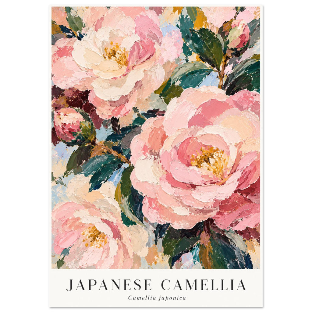 Pink and cream camellia flowers with green leaves and textured brushwork above Japanese Camellia and Camellia japonica letter