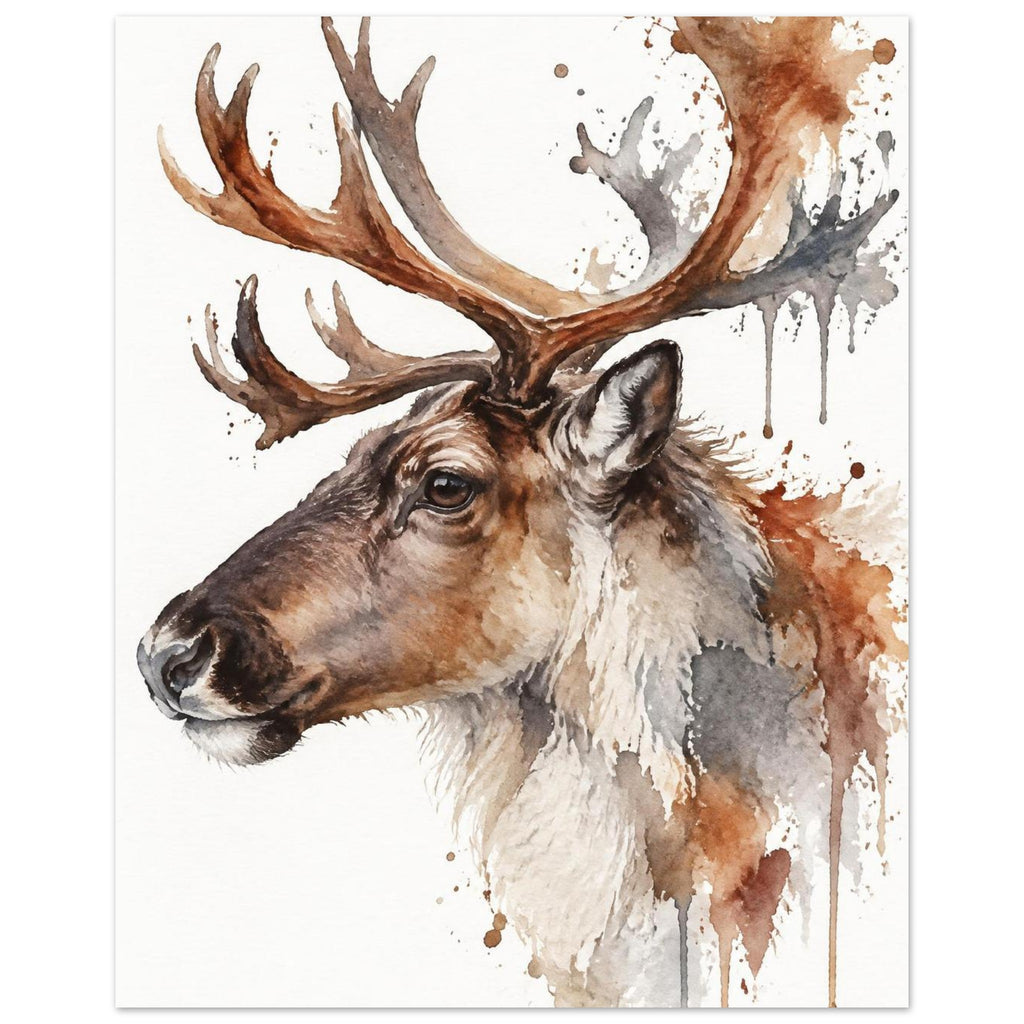 Watercolour reindeer head in profile with large antlers and loose paint splashes