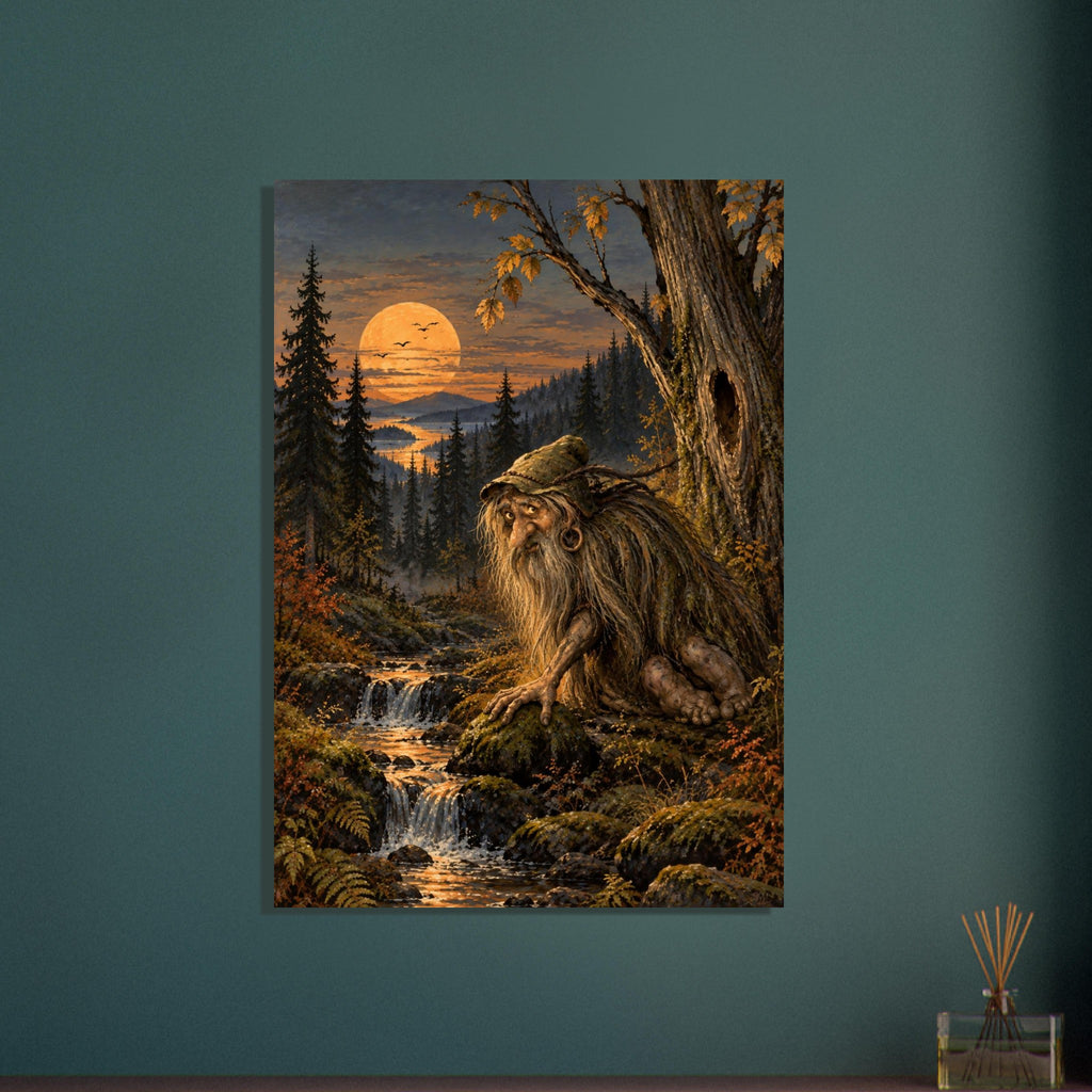 Bearded forest troll beside a rocky stream beneath an autumn tree, with dark conifers and a glowing orange orb in the sky.