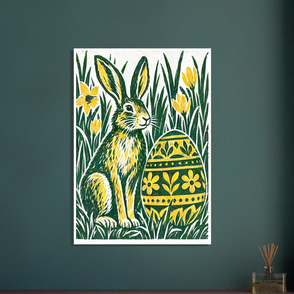 Green and yellow hare beside a floral-patterned Easter egg, surrounded by tall grass and yellow flowers on off-white.