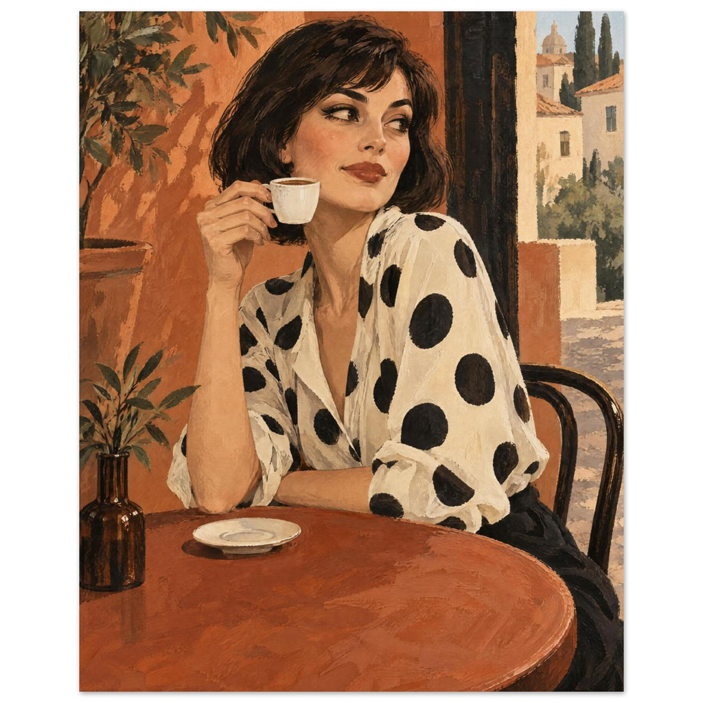 Polka Dot Espresso shows a bob-haired woman in a spotted ivory blouse lifting an espresso cup at a round café table.