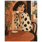 Polka Dot Espresso shows a bob-haired woman in a spotted ivory blouse lifting an espresso cup at a round café table.